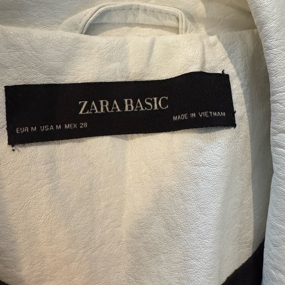 Zara White Faux Leather Moto Jacket Belted Oversized Lapel Medium - Picture 5 of 10